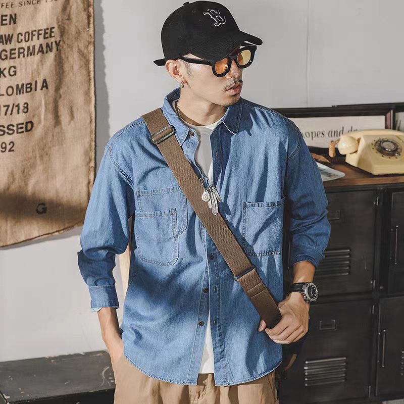 Mens Fashion Denim - Jaqueta jeans retrô americana masculina manga