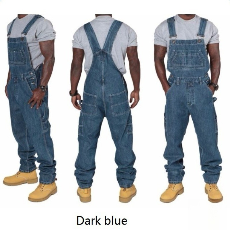 Mens Fashion Denim - Macacão Jeans Masculino Rasgado com Suspensórios,