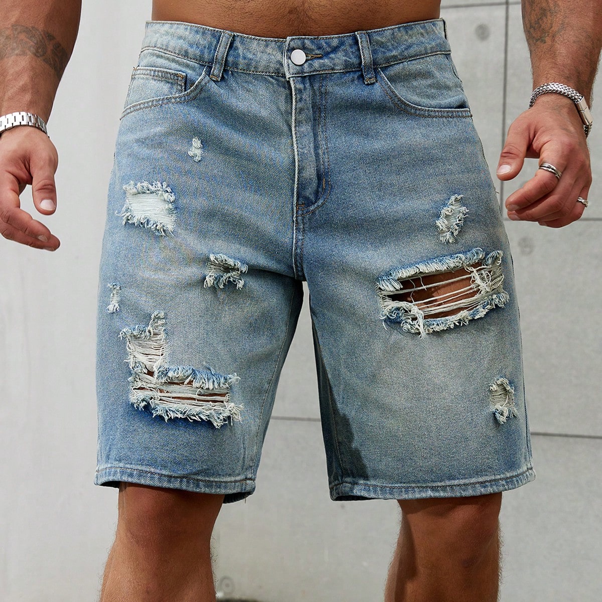 Mens Fashion Denim - Jeans curto de algodão rasgado masculino,